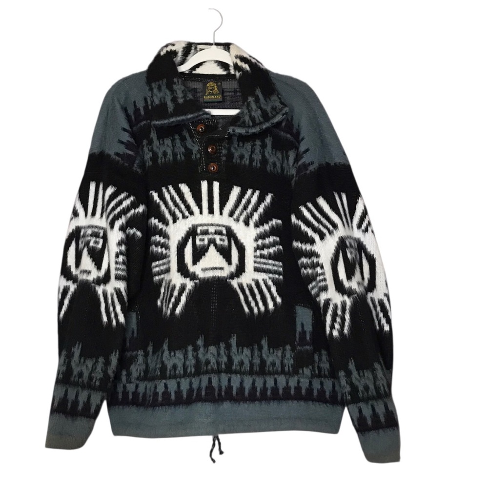 Tejidos Ruminahui Wool Pullover Sweater Gray Black Otavalo Ecuador Sun God XL